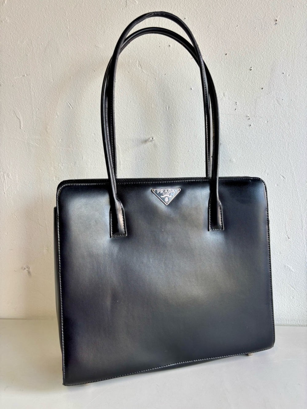 Designer Inspired Black Smooth Leather Top-Handle Tote